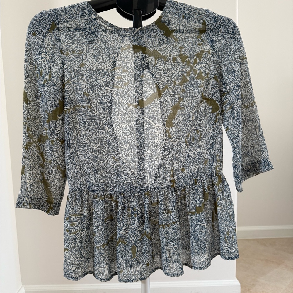 Blue and White Puff Sleeve Peplum Blouse